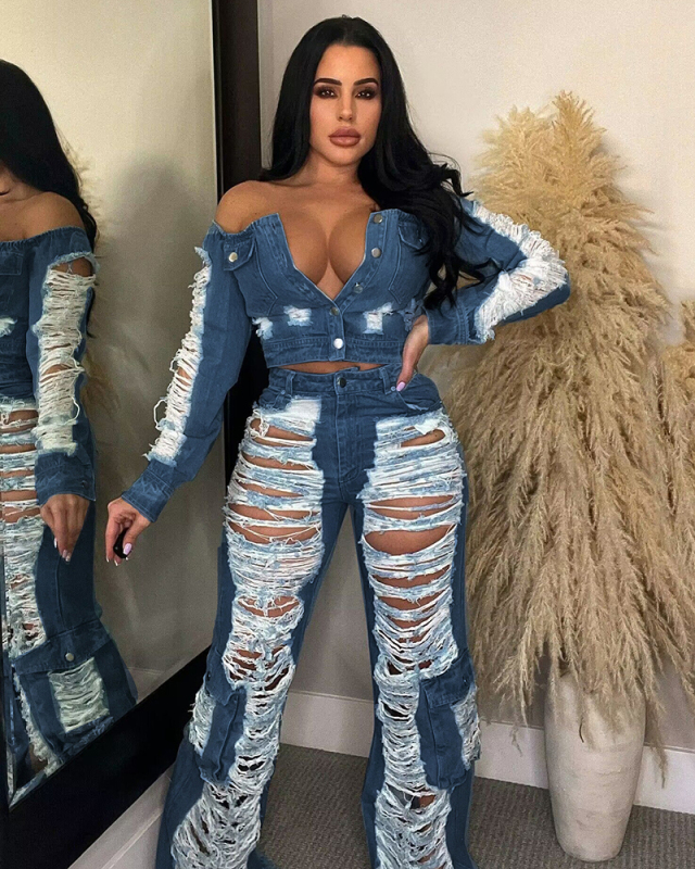 Hollow Out Hole Fashion Casual Popular Jeans Deep Blue Light Blue S-2XL