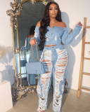 Hollow Out Hole Fashion Casual Popular Jeans Deep Blue Light Blue S-2XL
