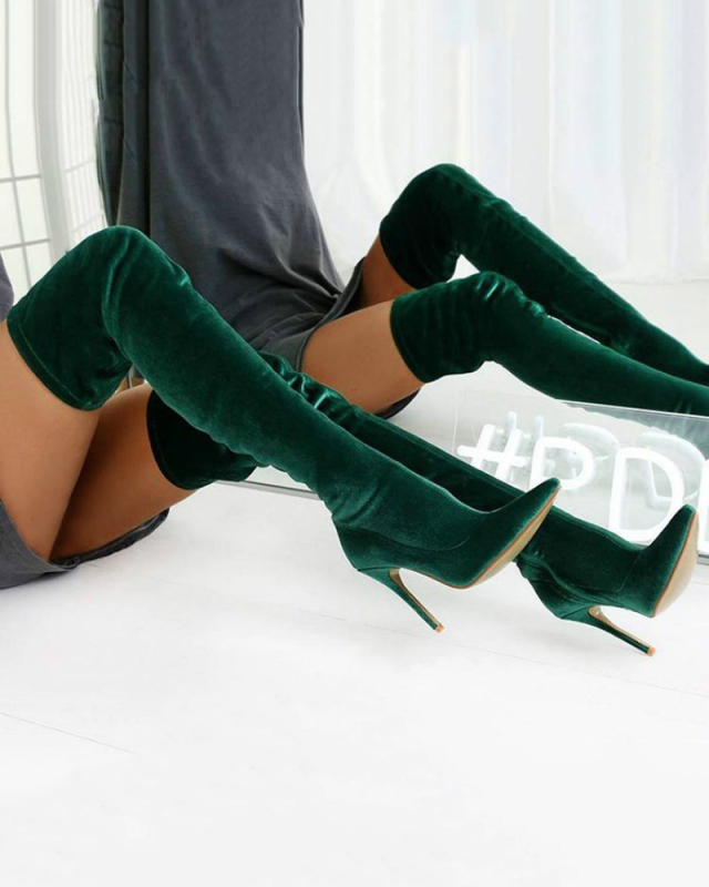 Elegant High Heel Over Knee Velvet Boots Red Green Blue Black 34-43