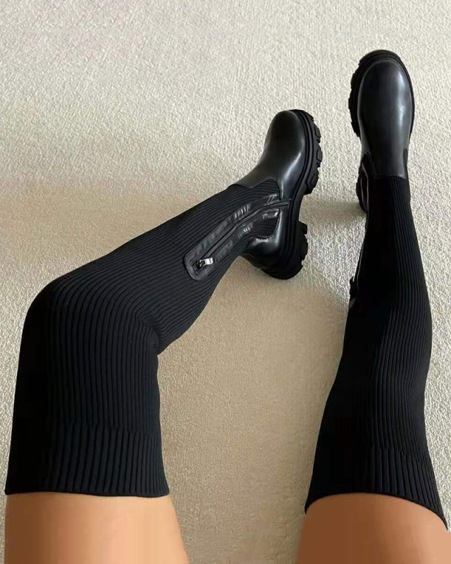 Women's Thick Soled Nound Scalp Knitted Over-the-knee Elastic Leather Boots 36-43