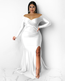 Long Sleeve Sexy V Neck Women Side Slit Evening Party Dress Plus Size Dresses Green Red Blue Black L-4XL