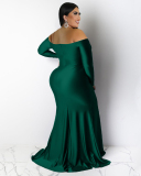 Long Sleeve Sexy V Neck Women Side Slit Evening Party Dress Plus Size Dresses Green Red Blue Black L-4XL