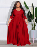 Women Long Sleeve Solid Color Maxi Evening Dress V Neck Plus Size Dresses L-4XL