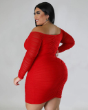 Women Off Shoulder Mesh Sleeve Patchwork Club Wear Sexy Slim Plus Size Dresses Black Red Purple Green White L-4XL
