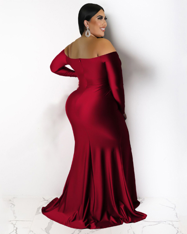 Long Sleeve Sexy V Neck Women Side Slit Evening Party Dress Plus Size Dresses Green Red Blue Black L-4XL