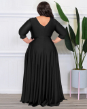 Women Long Sleeve Solid Color Maxi Evening Dress V Neck Plus Size Dresses L-4XL