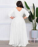 Women Long Sleeve Solid Color Maxi Evening Dress V Neck Plus Size Dresses L-4XL