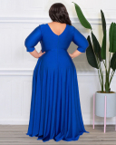 Women Long Sleeve Solid Color Maxi Evening Dress V Neck Plus Size Dresses L-4XL