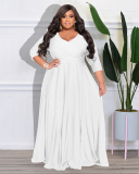 Women Long Sleeve Solid Color Maxi Evening Dress V Neck Plus Size Dresses L-4XL