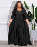 Women Long Sleeve Solid Color Maxi Evening Dress V Neck Plus Size Dresses L-4XL