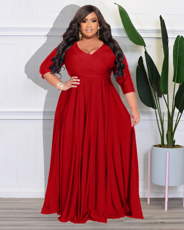 Women Long Sleeve Solid Color Maxi Evening Dress V Neck Plus Size Dresses L-4XL