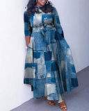 Popular Fashion Charming Long Sleeve Colorblock Maxi Casual Plus Size Dresses Orange Jean Striped L-4XL