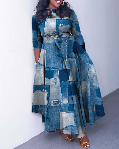 Popular Fashion Charming Long Sleeve Colorblock Maxi Casual Plus Size Dresses Orange Jean Striped L-4XL