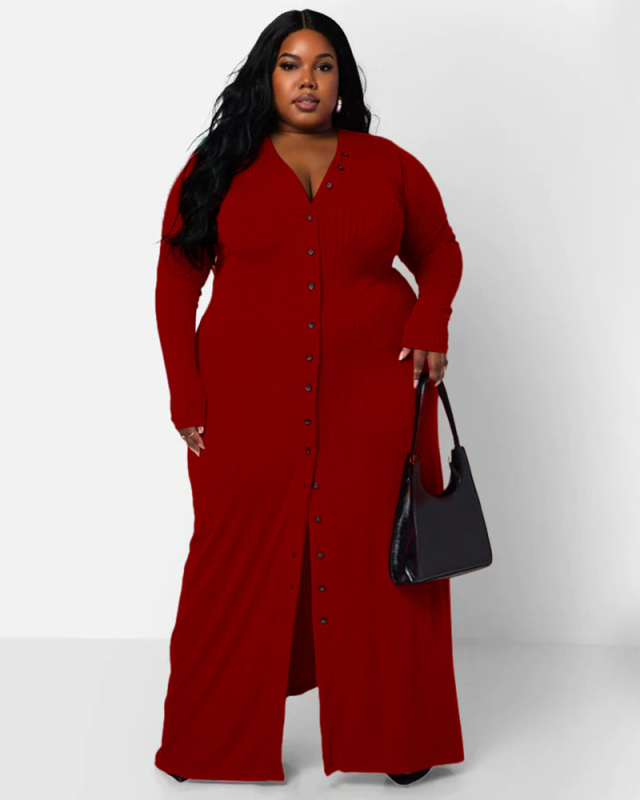 Women Long Sleeve Knitted Button Solid Color Plus Size Dresses Orange Black White Wine Red Pink XL-5XL