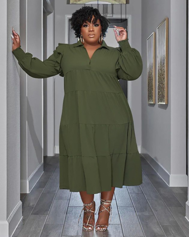Long Sleeve Lapel Fashion Plus Size Dresses L-4XL
