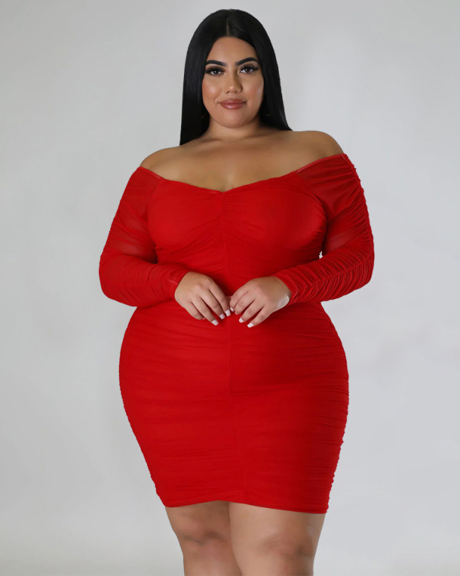 Women Off Shoulder Mesh Sleeve Patchwork Club Wear Sexy Slim Plus Size Dresses Black Red Purple Green White L-4XL