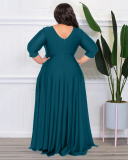 Women Long Sleeve Solid Color Maxi Evening Dress V Neck Plus Size Dresses L-4XL