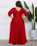 Women Long Sleeve Solid Color Maxi Evening Dress V Neck Plus Size Dresses L-4XL