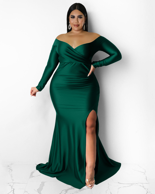Long Sleeve Sexy V Neck Women Side Slit Evening Party Dress Plus Size Dresses Green Red Blue Black L-4XL
