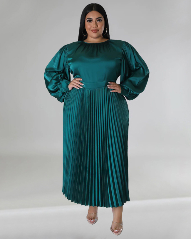 Long Sleeve Crew Neck Ruched Plus Size Dresses L-5XL