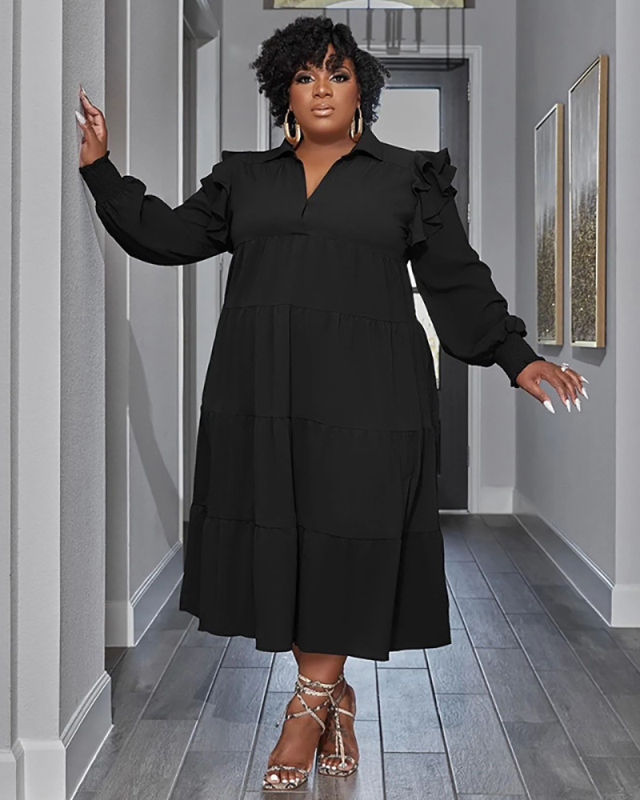 Long Sleeve Lapel Fashion Plus Size Dresses L-4XL