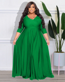 Women Long Sleeve Solid Color Maxi Evening Dress V Neck Plus Size Dresses L-4XL