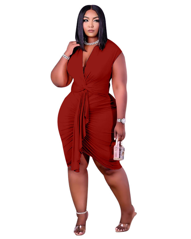 Women Sexy Sleeveless V Neck Ruched Plus Size Dresses L-4XL