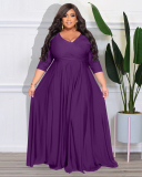 Women Long Sleeve Solid Color Maxi Evening Dress V Neck Plus Size Dresses L-4XL