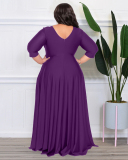 Women Long Sleeve Solid Color Maxi Evening Dress V Neck Plus Size Dresses L-4XL