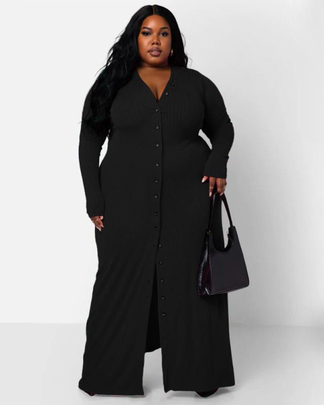 Women Long Sleeve Knitted Button Solid Color Plus Size Dresses Orange Black White Wine Red Pink XL-5XL