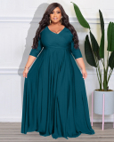 Women Long Sleeve Solid Color Maxi Evening Dress V Neck Plus Size Dresses L-4XL