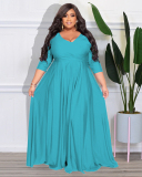 Women Long Sleeve Solid Color Maxi Evening Dress V Neck Plus Size Dresses L-4XL