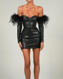 New Women Off Shoulder Long Sleeve Feather PU One-piece Dress Black S-XL