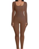 Square Collar Long Sleeve High Waist Slim Jumpsuit S-L