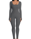 Square Collar Long Sleeve High Waist Slim Jumpsuit S-L