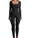 Square Collar Long Sleeve High Waist Slim Jumpsuit S-L