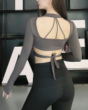 Long Sleeve V Neck Criss Waist Backless Yoga Tops S-L