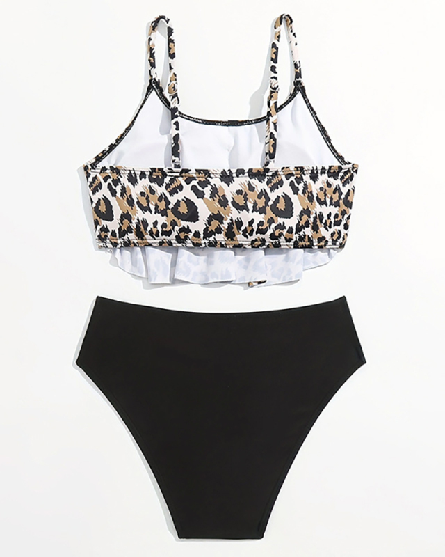 Ruffles Leopard Sling Top High Waist BottomTwo-piece Swimsuit Kid Swimwear Black 140-170