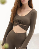 Long Sleeve Low Back U Neck Solid Color Criss Waist Sports Yoga Tops S-L