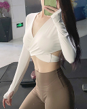 Long Sleeve V Neck Criss Waist Backless Yoga Tops S-L