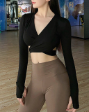 Long Sleeve V Neck Criss Waist Backless Yoga Tops S-L