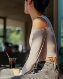 Hollow Out Shoulder Long Sleeve Solid Color Yoga Tops S-L