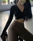 Long Sleeve V Neck Criss Waist Backless Yoga Tops S-L