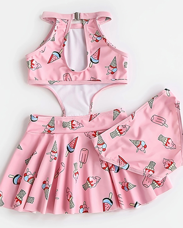 Girls Sexy Cute Ice Cream Hollow Out Two Piece Kid Swimwear Pink 90-120
