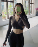 Long Sleeve V Neck Criss Waist Backless Yoga Tops S-L