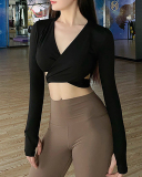 Long Sleeve V Neck Criss Waist Backless Yoga Tops S-L