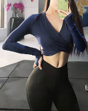 Long Sleeve V Neck Criss Waist Backless Yoga Tops S-L