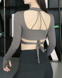 Long Sleeve V Neck Criss Waist Backless Yoga Tops S-L
