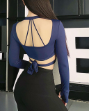 Long Sleeve V Neck Criss Waist Backless Yoga Tops S-L
