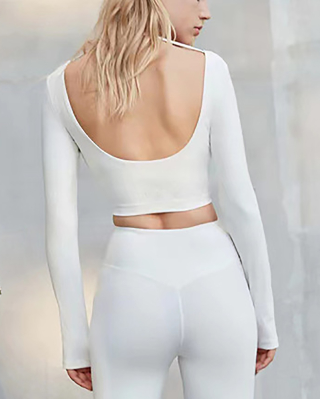 Long Sleeve Low Back U Neck Solid Color Criss Waist Sports Yoga Tops S-L